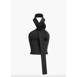 Commense Black Halter Crop Top with Floral Scarf Detail